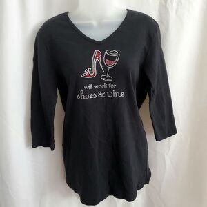 Chris's Stuff Womens Will Work For Shoes & Wine Tee Shirt Rhinestone Black XL